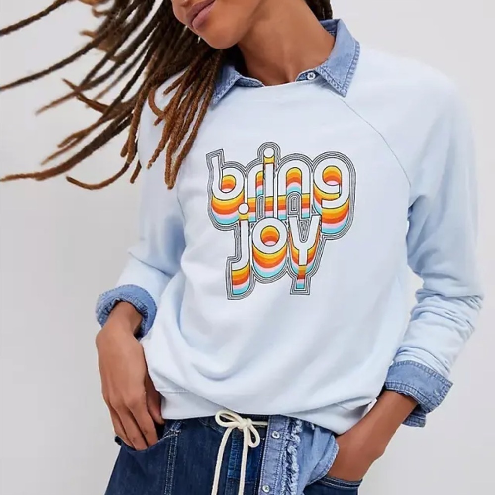 BACK WHEN BY ANTHROPOLOGIE Bring Joy‎ Light Blue Retro Sweatshirt